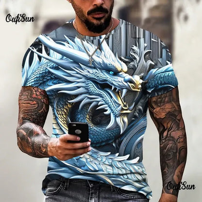 Men's Oversized 3D Printed Dragon T-Shirt - Casual Streetwear
