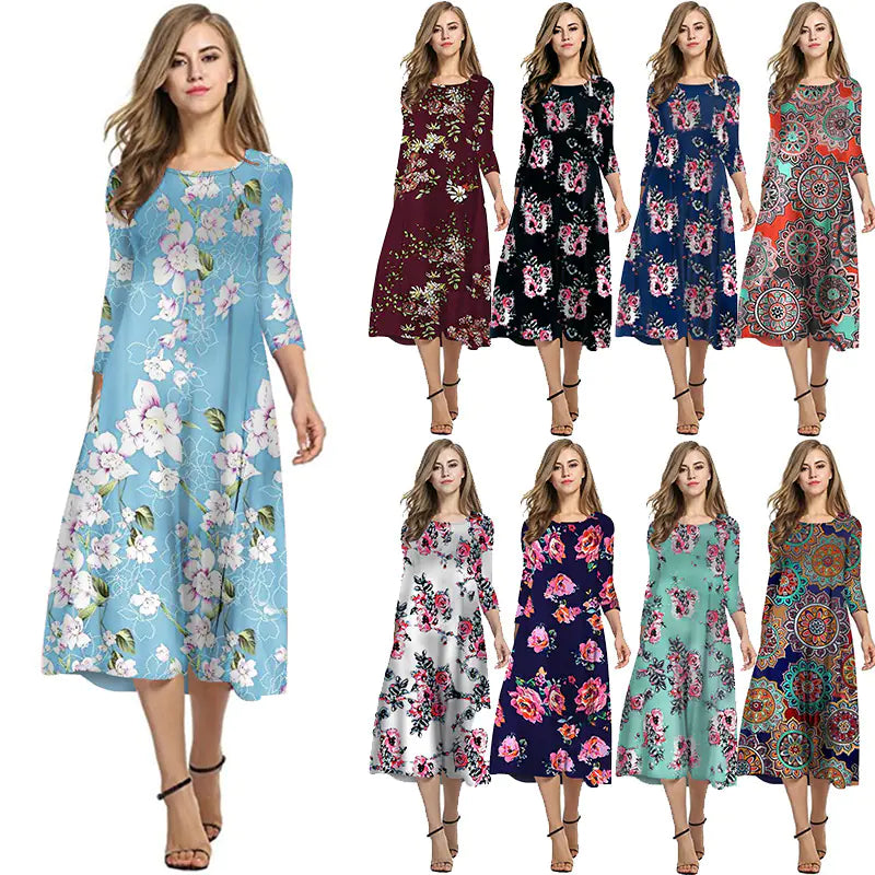 Elegant Printed Dress with Three-Quarter Sleeves