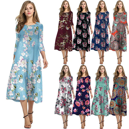 Elegant Printed Dress with Three-Quarter Sleeves