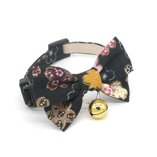 PetSoKoo Double Bowtie Breakaway Cat Collar with Bell. Japan Colorful Sakura Kimono Style. 101% Cotton. Soft Cute for Girl Male Adult Cats CollarBlack