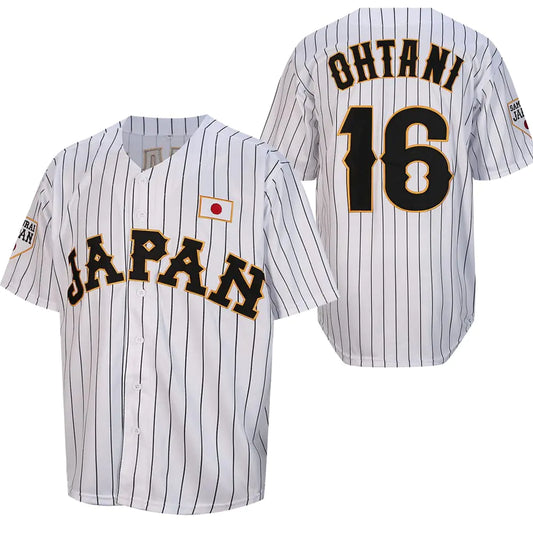 Mens Ohtani 16# Stitched Japan Baseball Jerseys White Black Pinstriped Shirts (WhiteSmall)