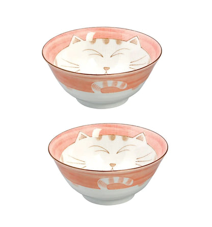 JapanBargain 2482 Japanese Porcelain Soup Bowl for Dinner Lunch Rice Poke Donburi Udon Ramen Noodle Pasta Cereal Maneki Neko Smiling Lucky Cat Pattern for Cat Lovers Made in Japan 6-inch Set of 2