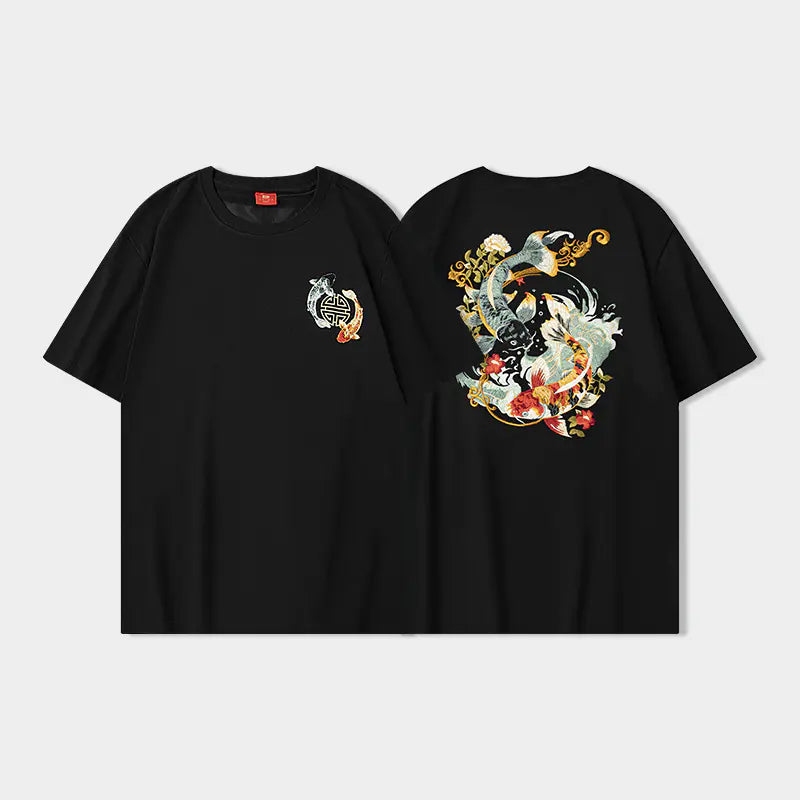 Men's Loose Fit Embroidered Dragon T-Shirt - Retro Style