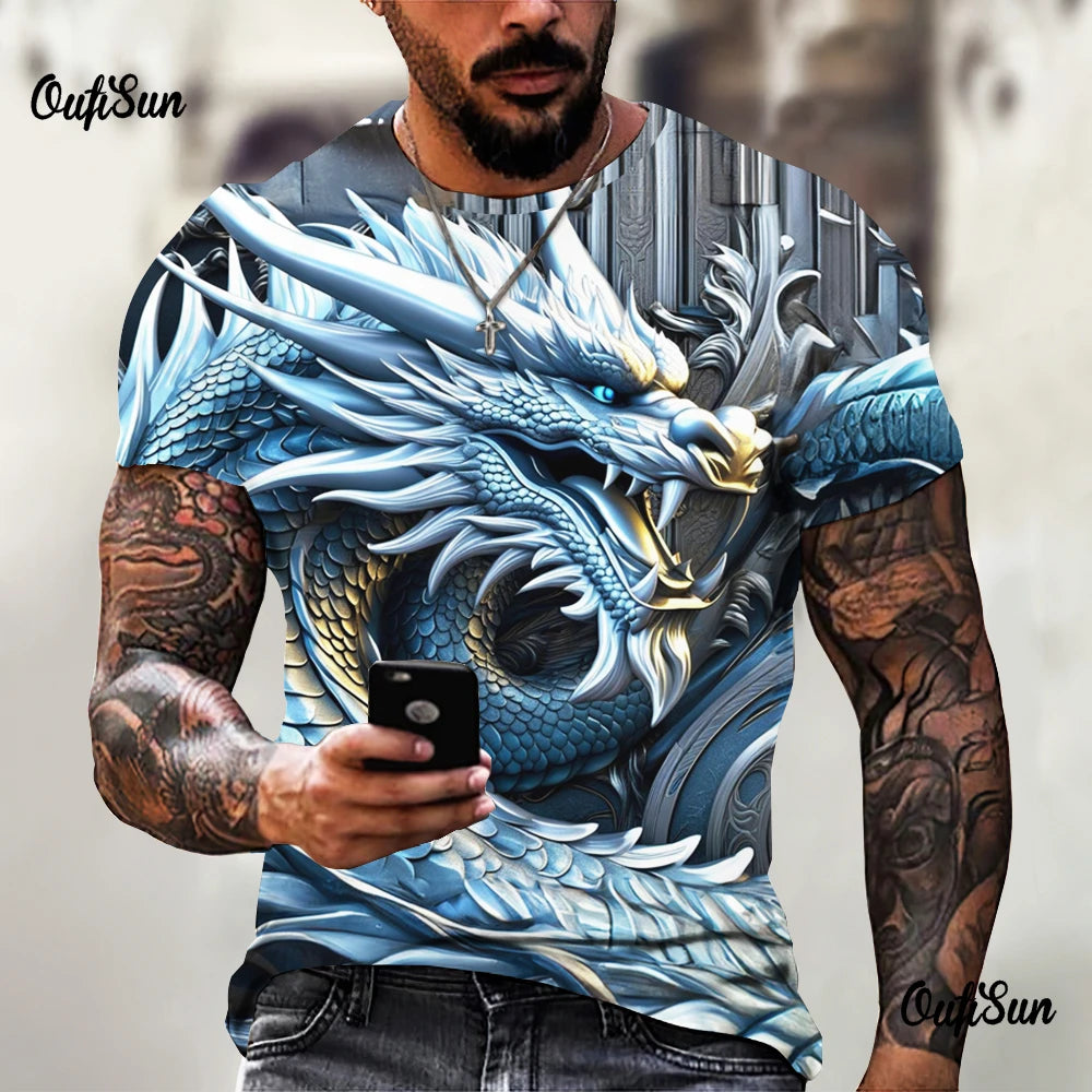 Men's Oversized 3D Printed Dragon T-Shirt - Casual Streetwear