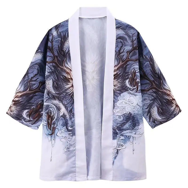 Japanese Style Kimono Cardigan with Ukiyo-e Dragon Print