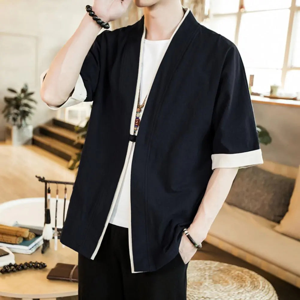 Japanese Style Men’s Cardigan Jacket with Color Panels