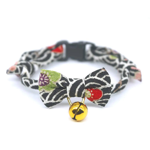 PetSoKoo Bowtie Cat Collar with Bell Breakaway Japan Chirimen Fabric Golden Bell