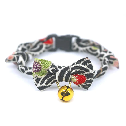PetSoKoo Bowtie Cat Collar with Bell Breakaway Japan Chirimen Fabric Golden Bell