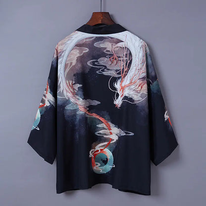 Japanese Style Kimono Cardigan with Ukiyo-e Dragon Print