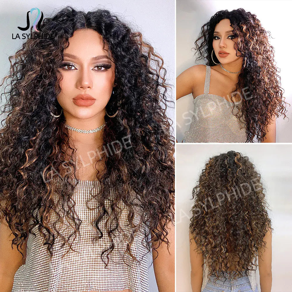 Black Ombre Long Curly Wig with Lace Front (Japan Fiber)