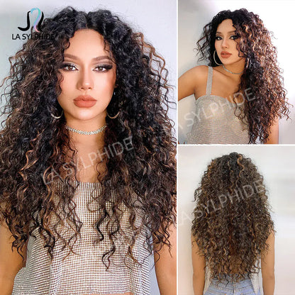 Black Ombre Long Curly Wig with Lace Front (Japan Fiber)
