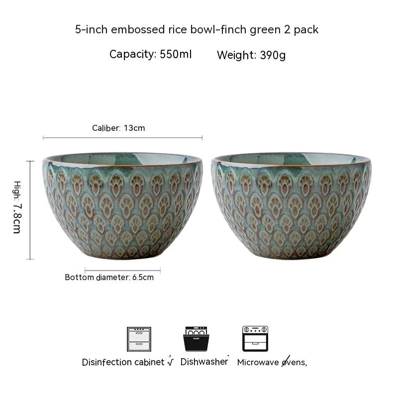 5-Inch Ceramic Peacock Relief Rice Bowl for Household Use