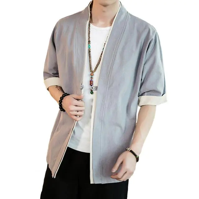 Japanese Style Men’s Cardigan Jacket with Color Panels