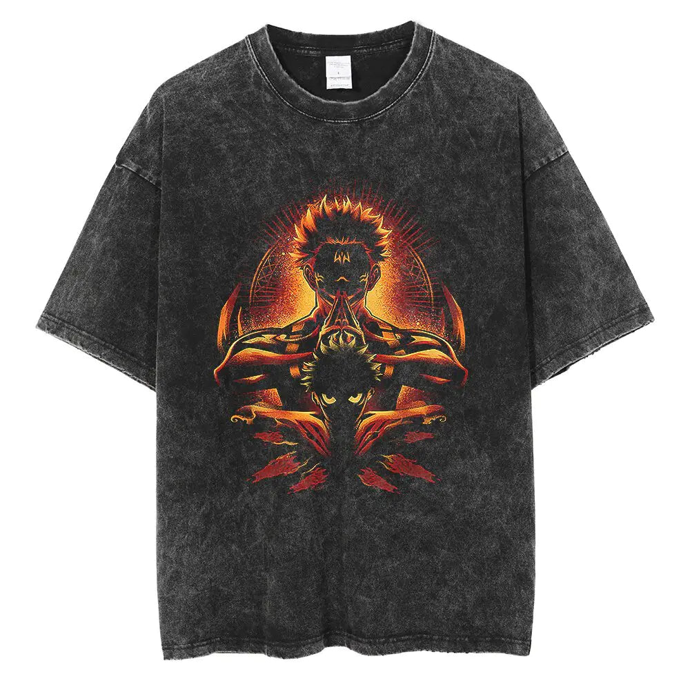 Vintage Wash Graphic Tee - Streetwear Anime Summer
