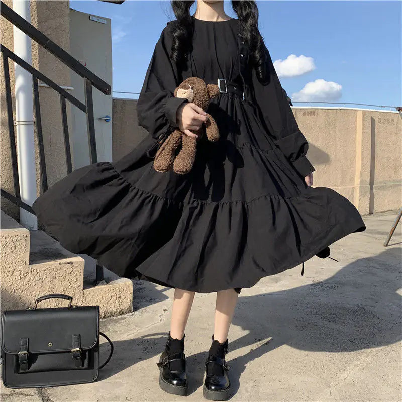 Japanese Style Long Sleeve Plus Size Black Dress