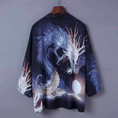 Japanese Style Kimono Cardigan with Ukiyo-e Dragon Print