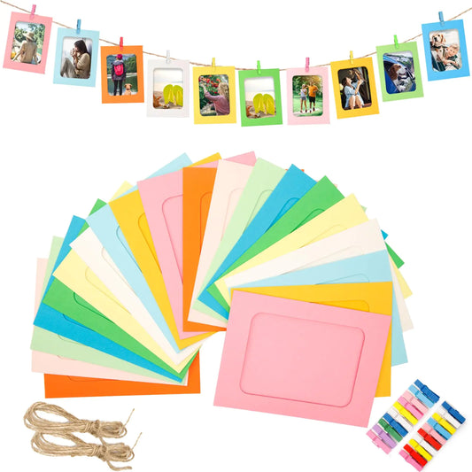 jijAcraft 20Pcs Paper Picture Frames4x6 inch Colorful Cardboard Photo Frames with Wooden Clips and String DIY Picture Frames for Kids Artwork Bedroom Classroom Wall Decor (10 Colors)