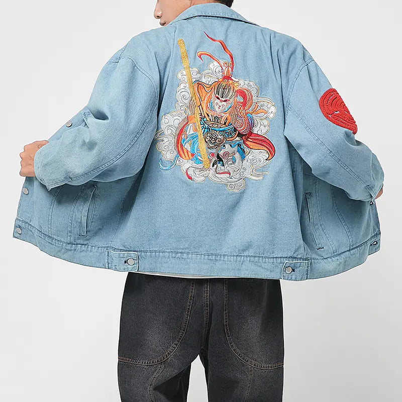 Japanese Style Men's Embroidered Casual Denim Jacket