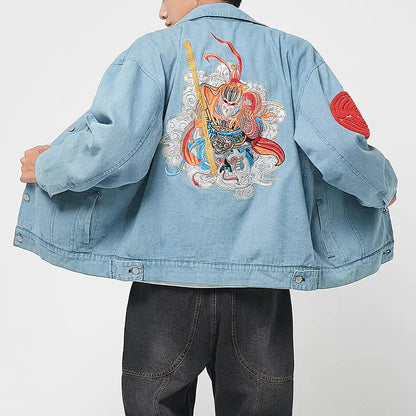 Japanese Style Men's Embroidered Casual Denim Jacket