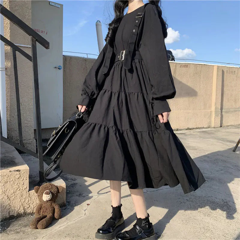 Japanese Style Long Sleeve Plus Size Black Dress
