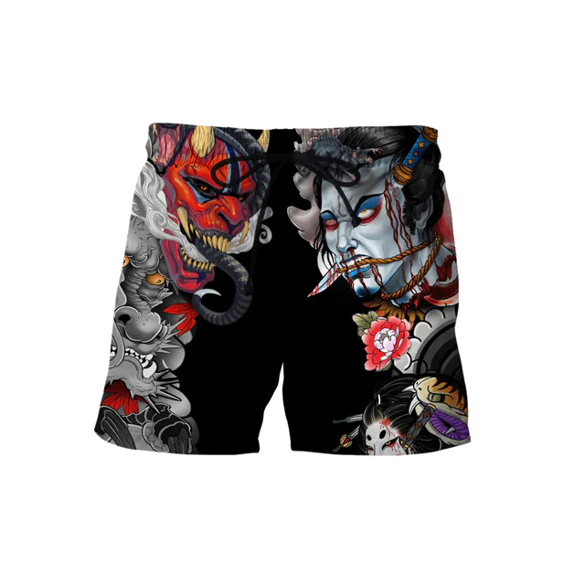 3D Samurai and Dragon Tattoo All Over Printed Shorts