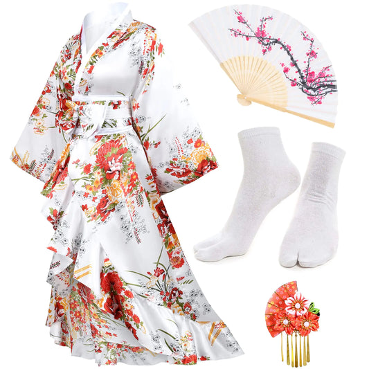 Japanese Anime Womens Kimono Robe Geisha Yukata Sweet Tuxedo Ruffle Dress Blossom Satin Bathrobe Sleepwear Fans Tabi Socks Set White L