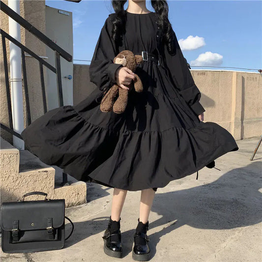 Japanese Style Long Sleeve Plus Size Black Dress