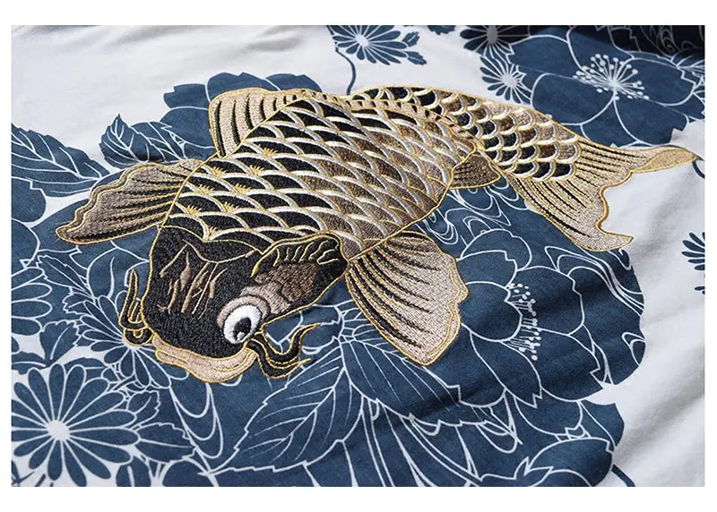 Japanese Ukiyo-e Embroidered Koi Fish T-Shirt (Plus Size)