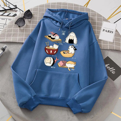 Cute Sushi Rice Ball Kitten Hooded Fleece Sweater