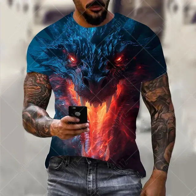 Men's Oversized 3D Printed Dragon T-Shirt - Casual Streetwear