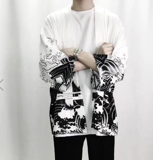 Retro Dark Ukiyo-e Kimono Cardigan with Wave Print