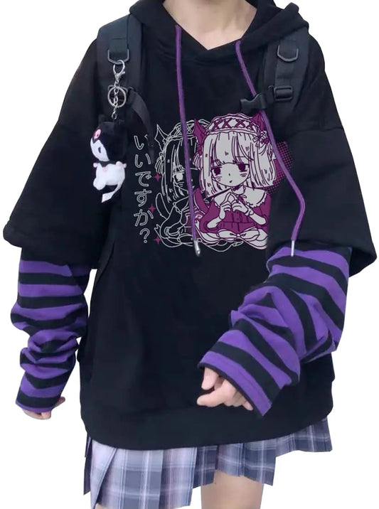 EMILYLE Womens Girls Japanese Style Hoodie Cute Pattern Print Sweatshirt Fashion Kawaii Anime Pullover(1qb-1L)