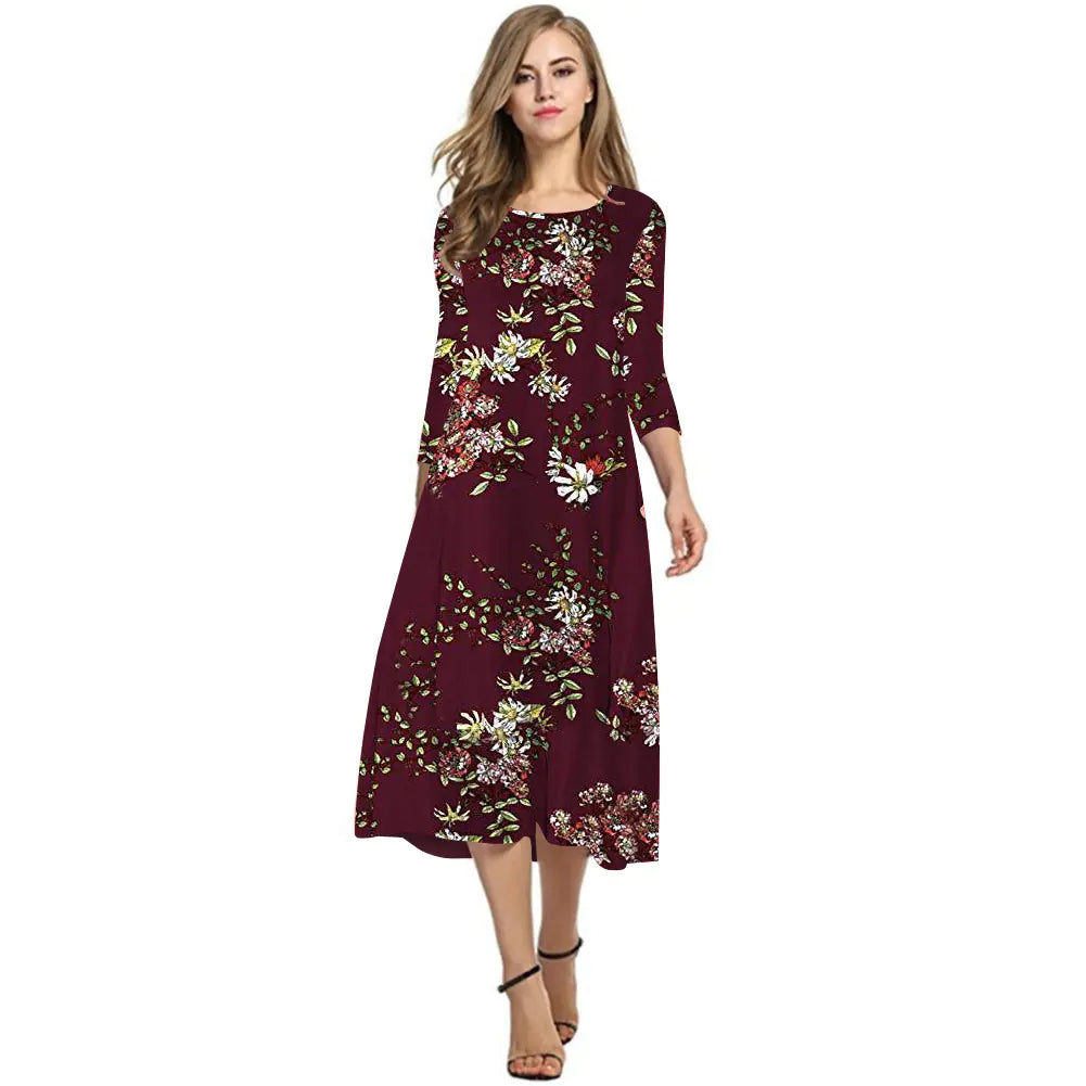 Elegant Printed Dress with Three-Quarter Sleeves