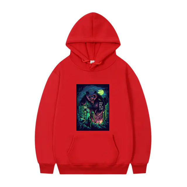 Men's Oversized Anime Monster Print Hoodie - Casual Pullover
