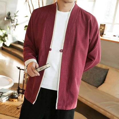 Japanese Style Men’s Cardigan Jacket with Color Panels