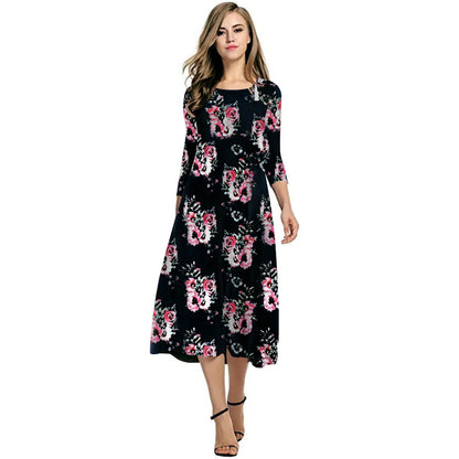Elegant Printed Dress with Three-Quarter Sleeves
