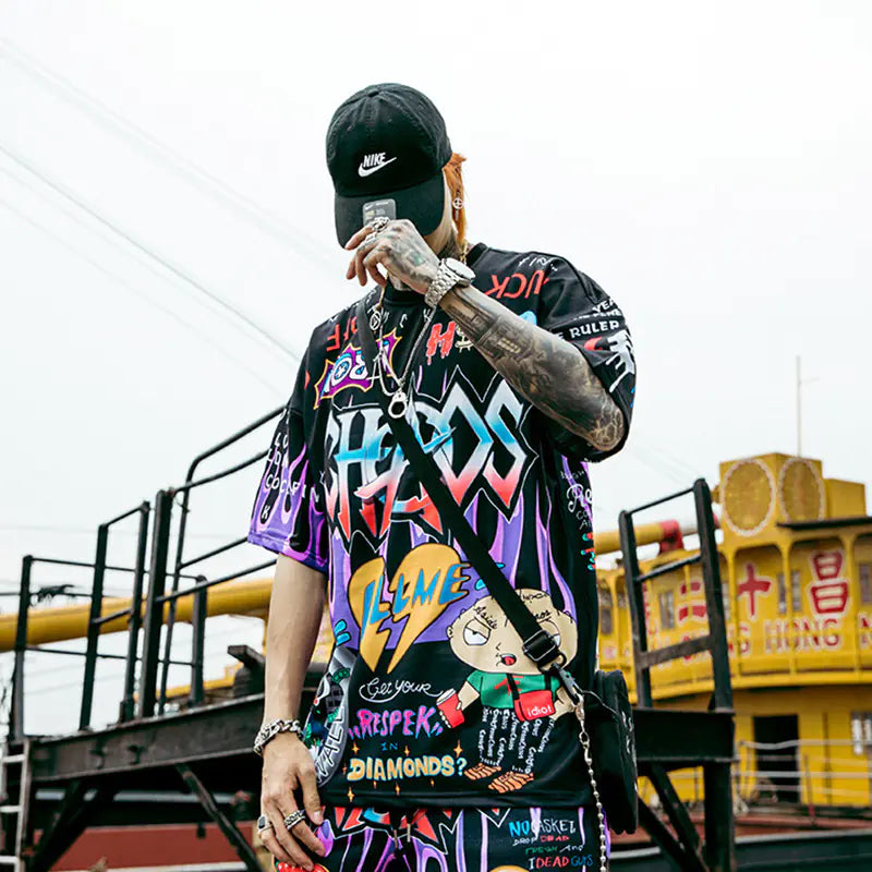 Men's Loose Fit Graffiti Print Short Sleeve T-Shirt