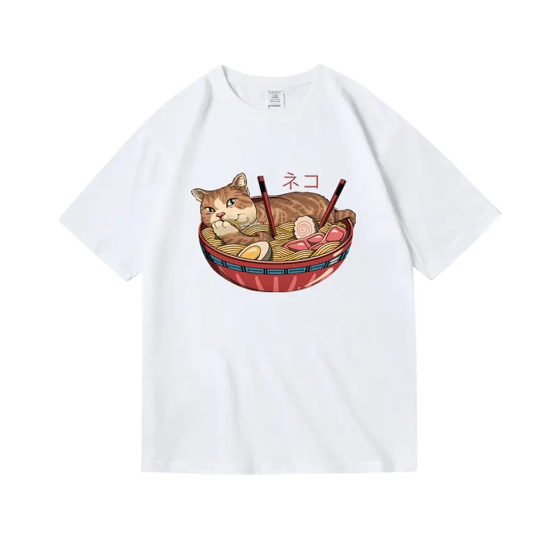 Trendy Cat Ramen Print Cotton T-Shirt for Students