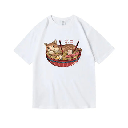 Trendy Cat Ramen Print Cotton T-Shirt for Students