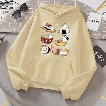 Cute Sushi Rice Ball Kitten Hooded Fleece Sweater