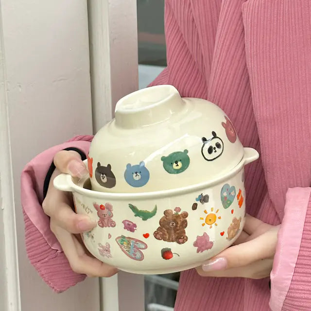 Kawaii Ceramic Cartoon Rice Bowl with Lid