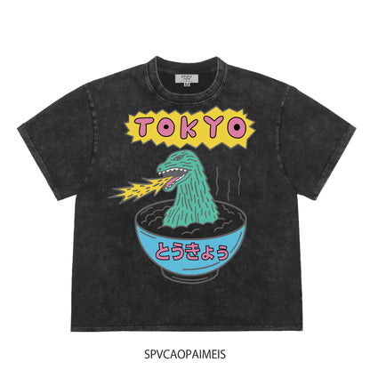 Cartoon Tokyo Dinosaur Print Short Sleeve T-Shirt