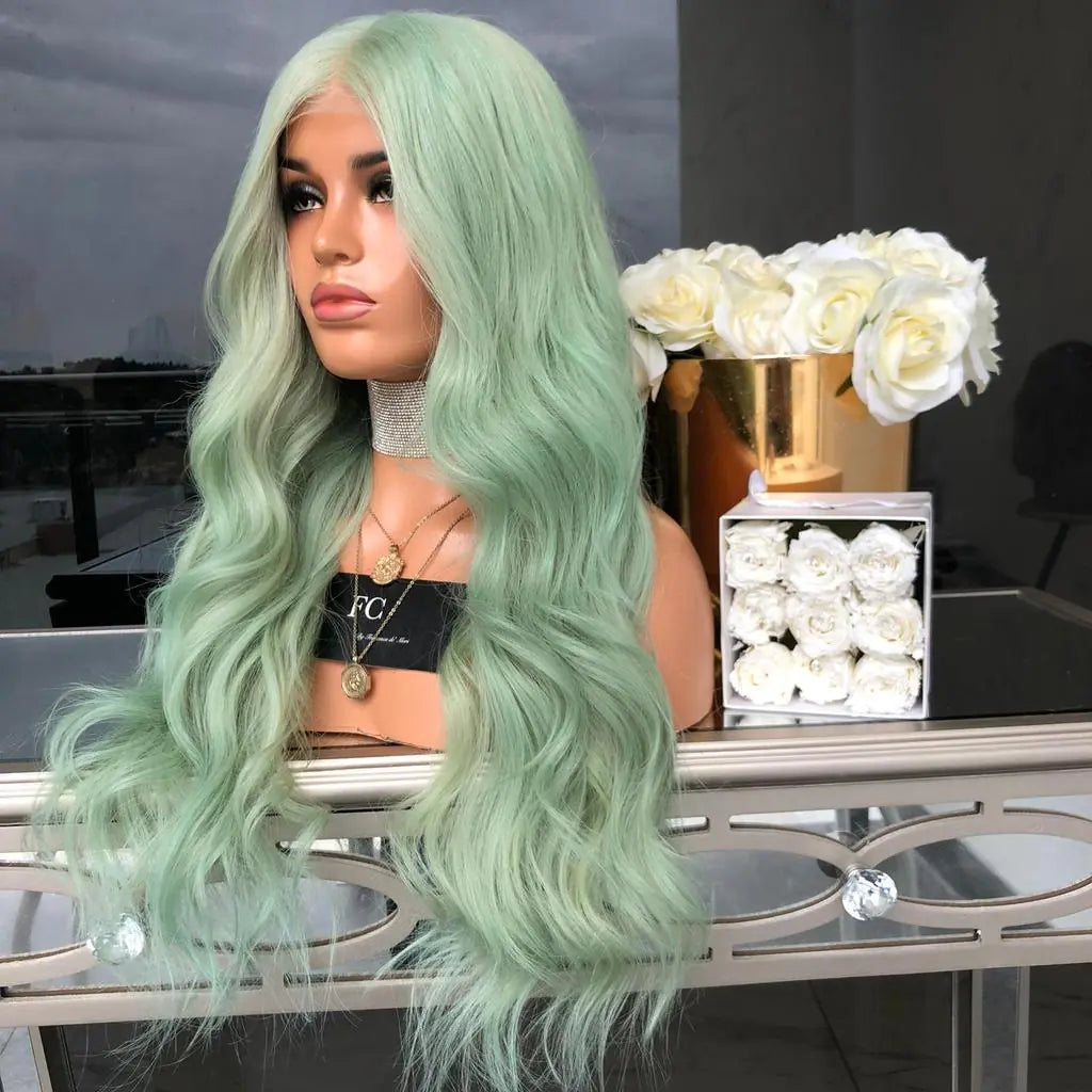 Mid-Length Curly Green Wig for Women - European Style