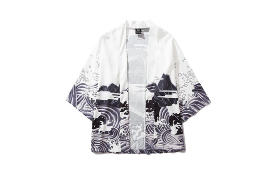 Retro Dark Ukiyo-e Kimono Cardigan with Wave Print