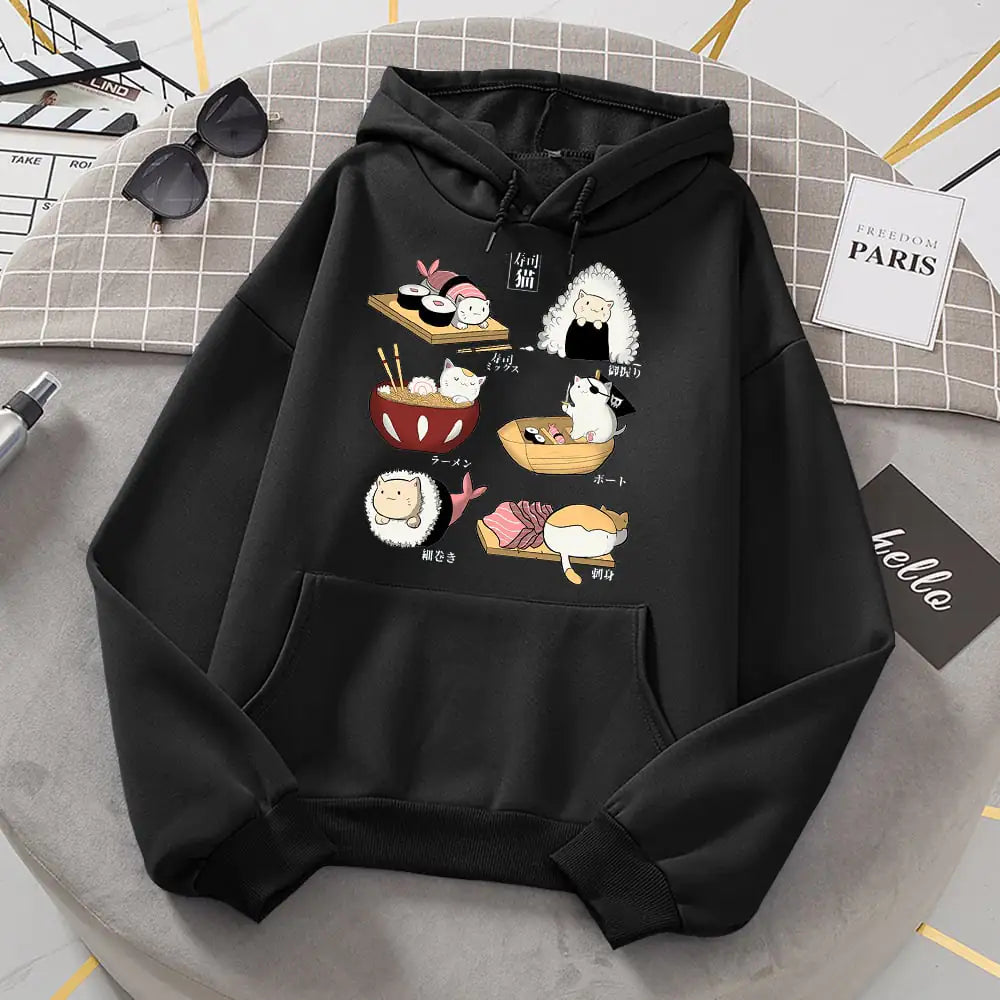 Cute Sushi Rice Ball Kitten Hooded Fleece Sweater