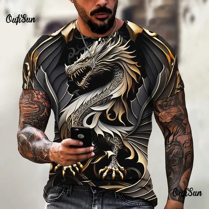 Men's Oversized 3D Printed Dragon T-Shirt - Casual Streetwear