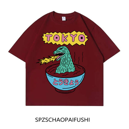 Cartoon Tokyo Dinosaur Print Short Sleeve T-Shirt