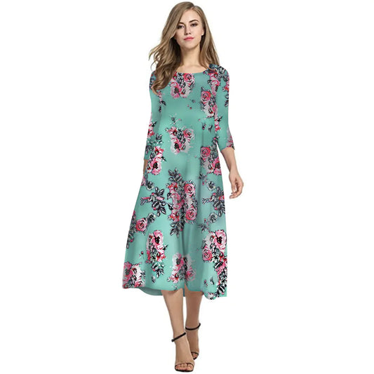 Elegant Printed Dress with Three-Quarter Sleeves