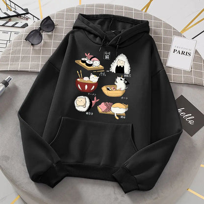 Cute Sushi Rice Ball Kitten Hooded Fleece Sweater