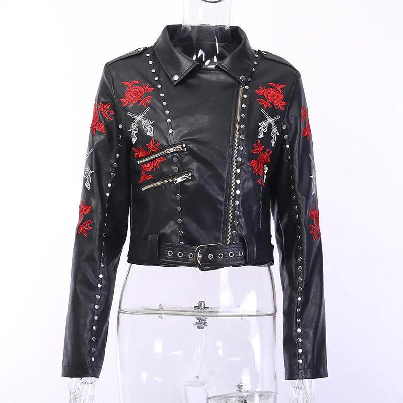 Embroidered Vintage Motorcycle Jacket for Women